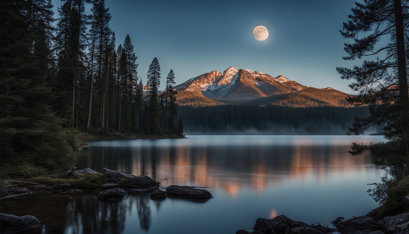 une photo de la lune brillant au-dessus d'un lac tranquille, entouré d'arbres.