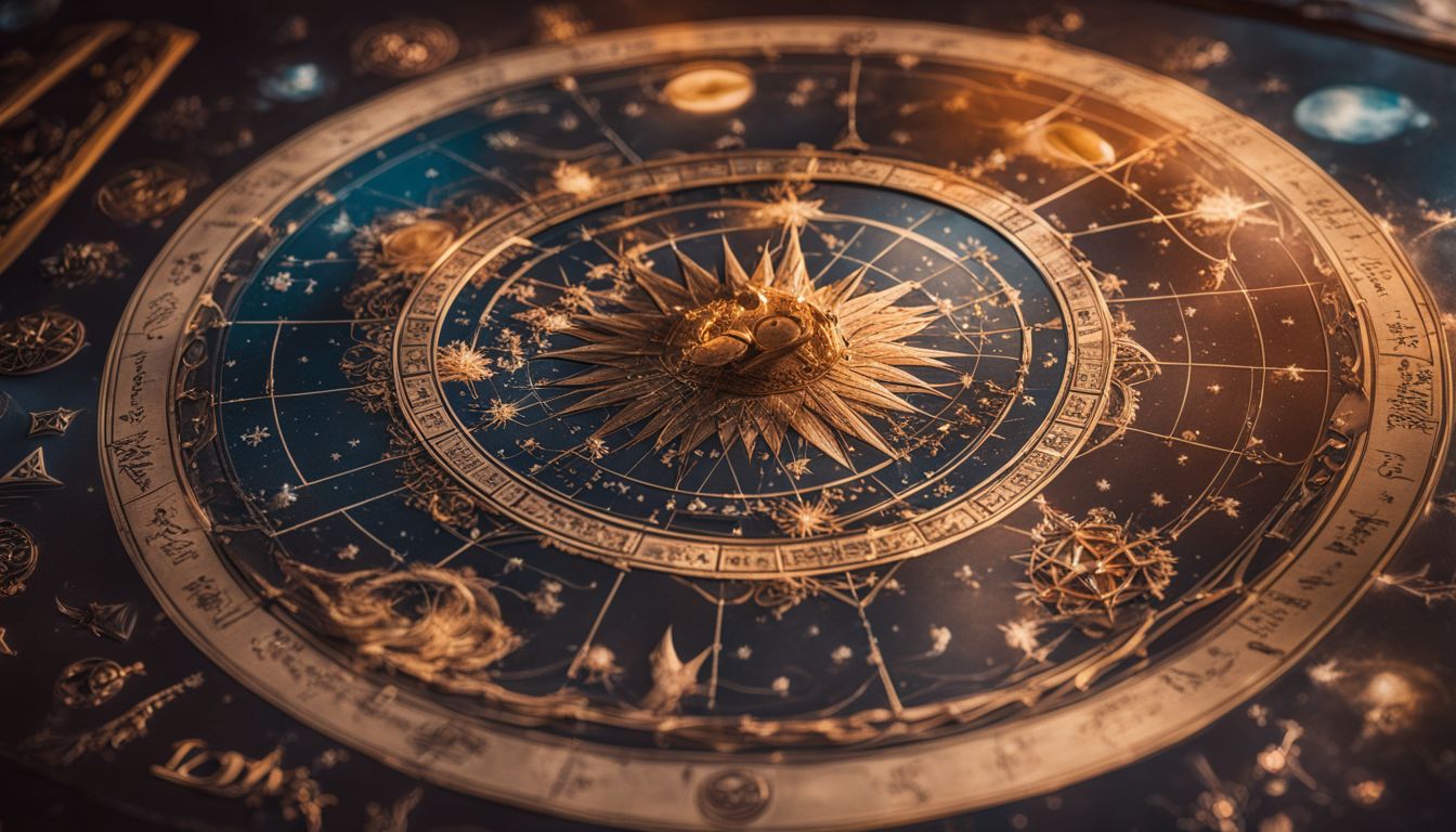 un graphique astrologique entouré d'objets célestes et de visages variés.