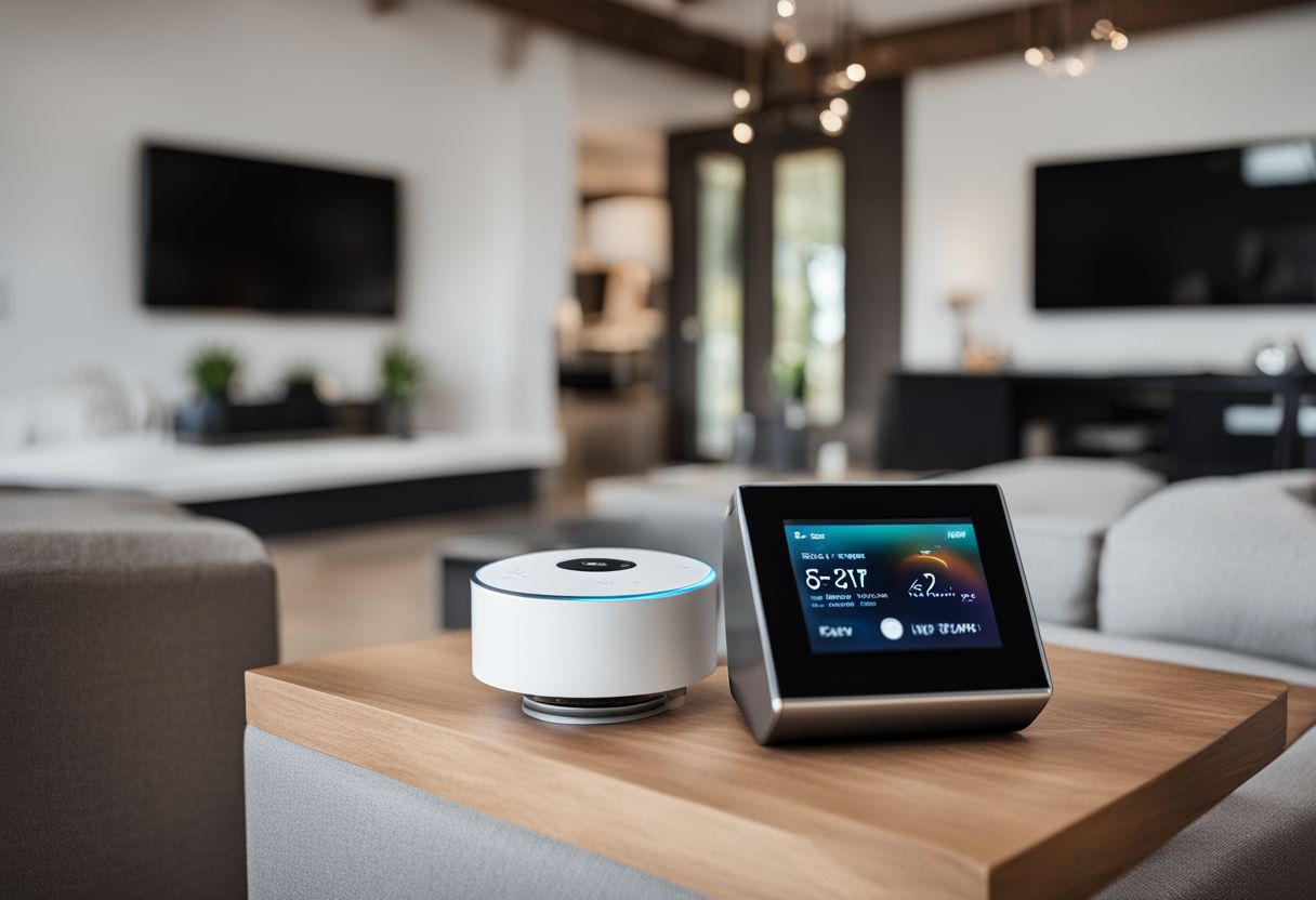A smart thermostat surrounded by IoT devices in a modern living room.