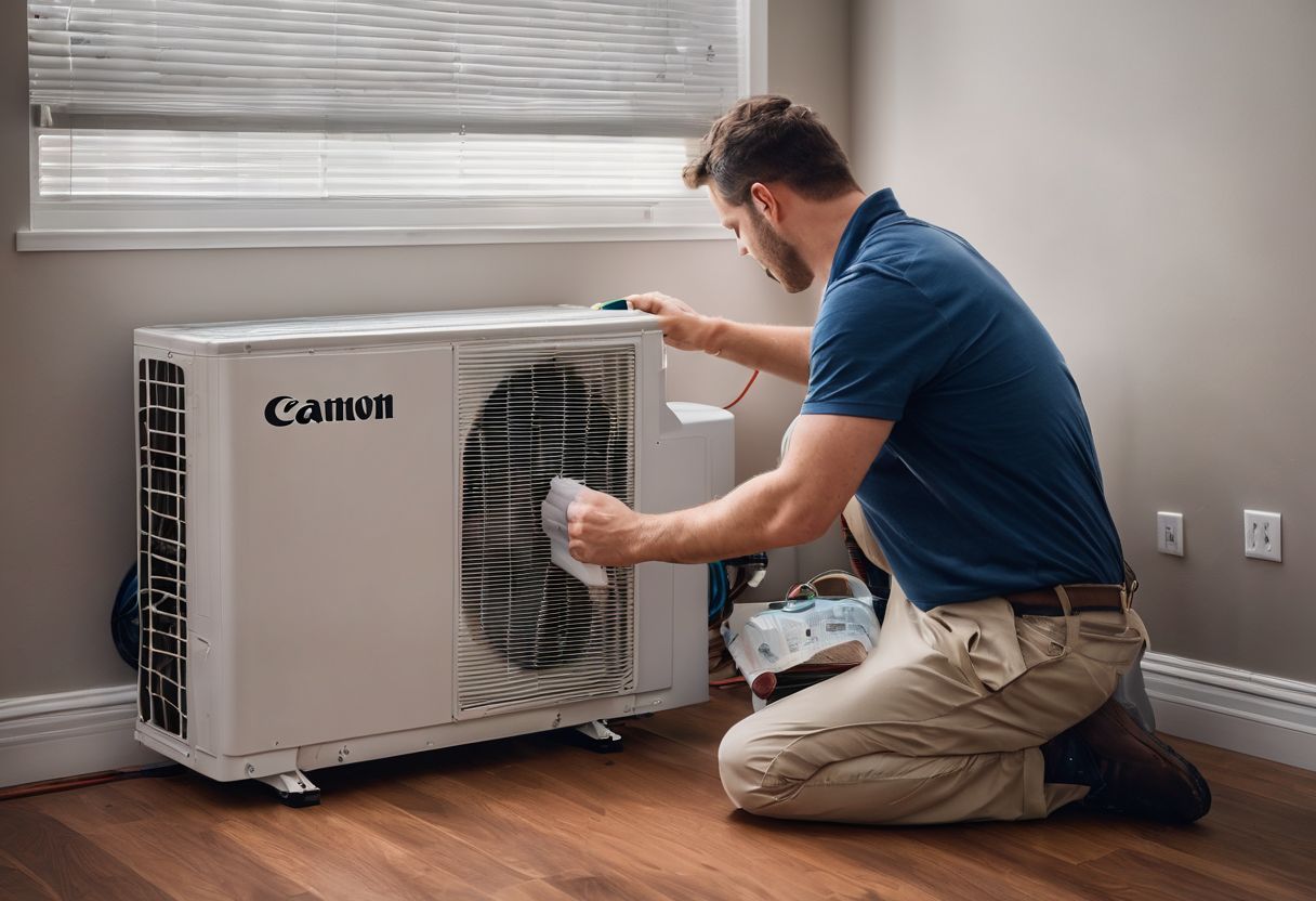 A person installing a HEPA filter in a modern air conditioning unit.