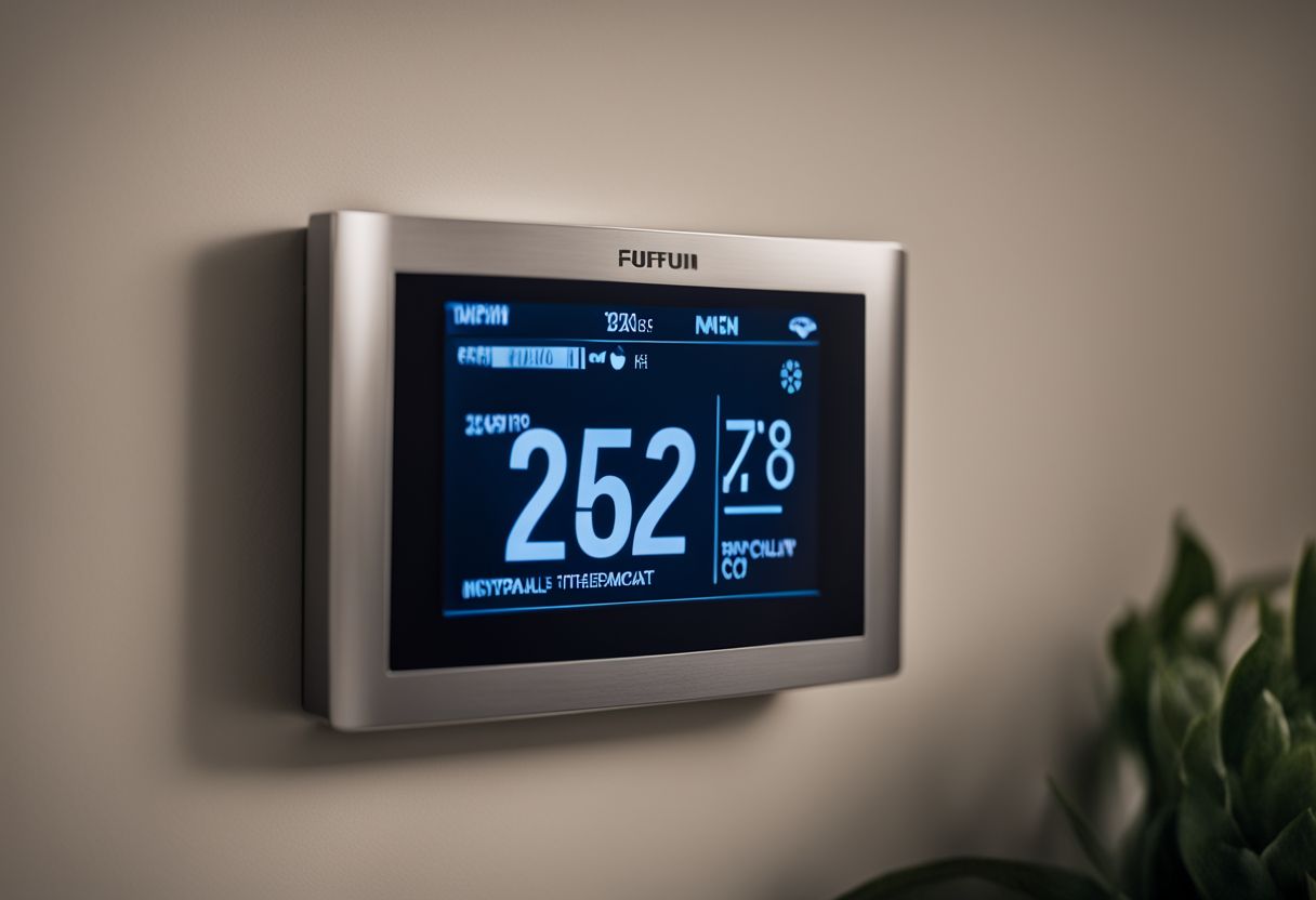 A smart thermostat controls the temperature in a modern, energy-efficient home.
