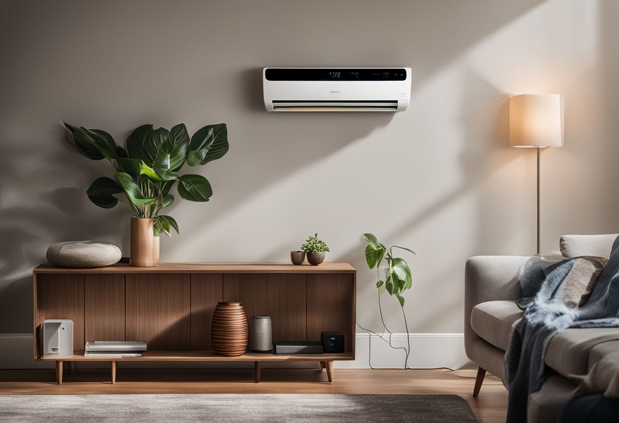 A smart air conditioner and thermostat in a modern home setting.