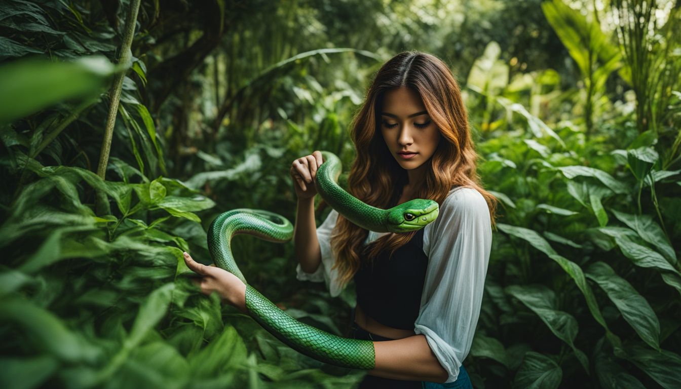 A person fearlessly kills a green snake in a garden.