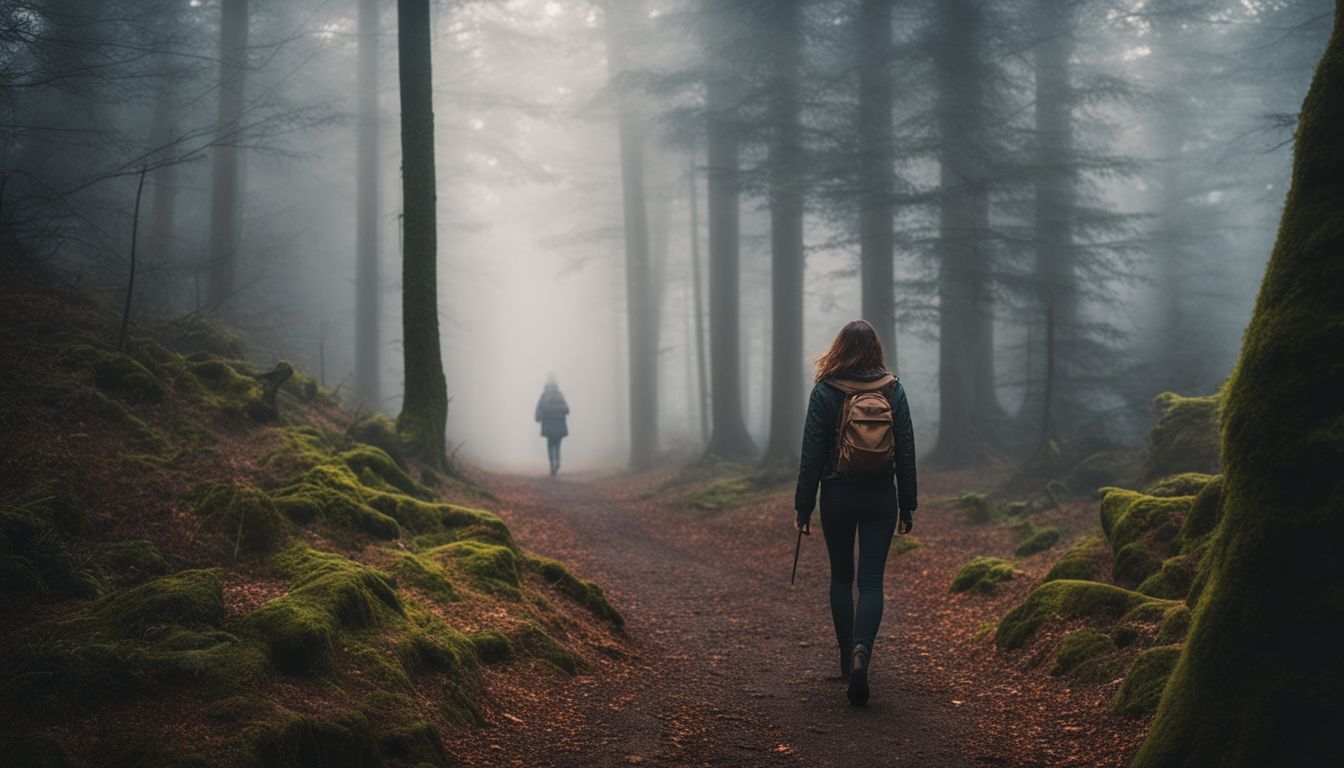 A person wandering through a misty forest in various outfits.