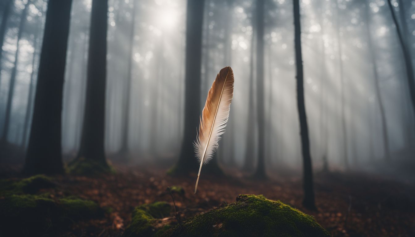 A solitary feather drifts in a misty woodland setting.