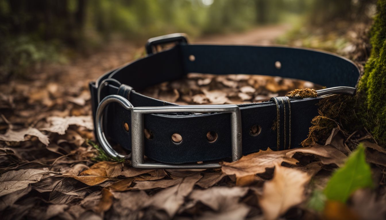 A abandoned dog collar lies on a forest path in a cinematic atmosphere.