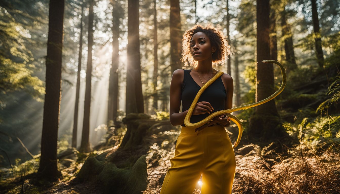 A person holding a yellow snake in a sunlit forest.