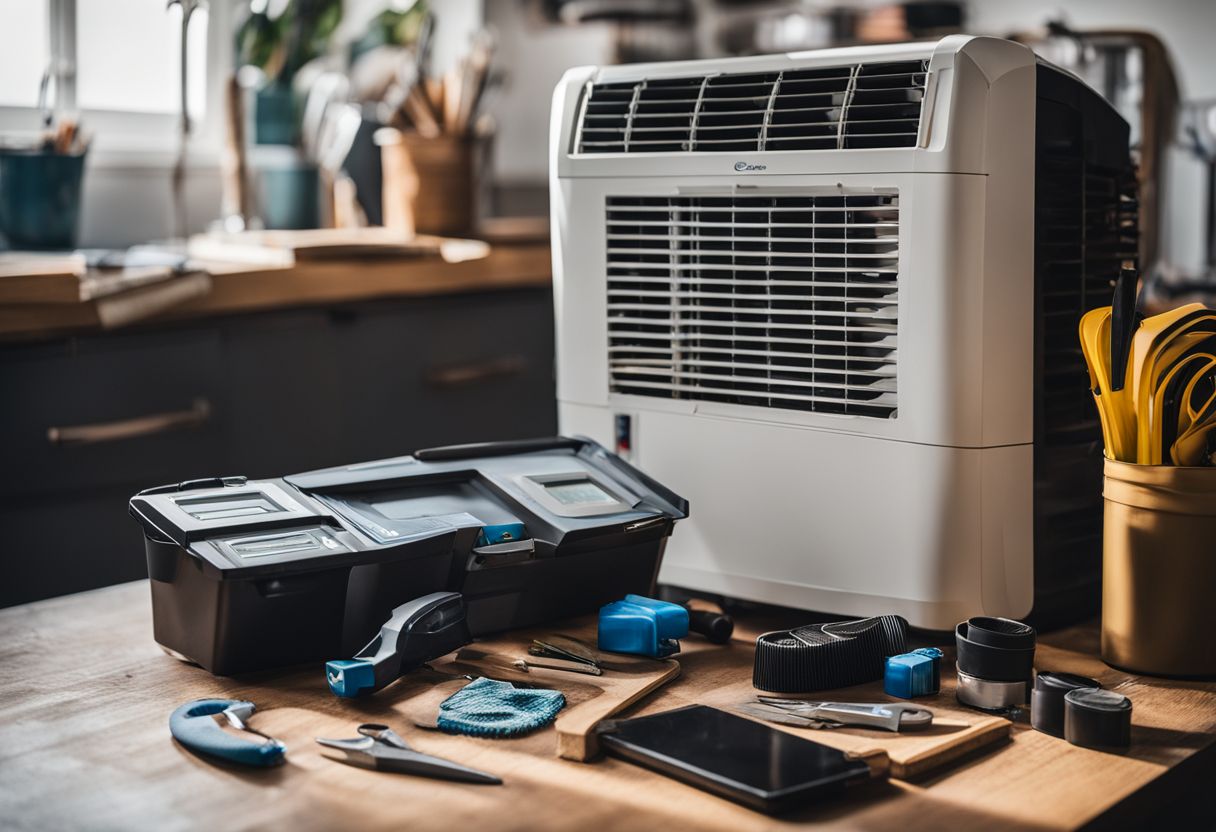 A clean aircon filter surrounded by tools on a bright workbench.