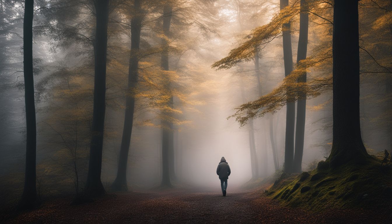 A person walking through a foggy forest with different outfits and hairstyles.