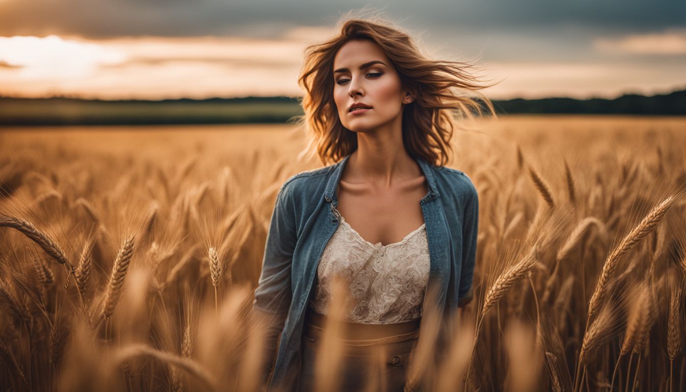 A woman standing in a wheat field cradling her stomach.