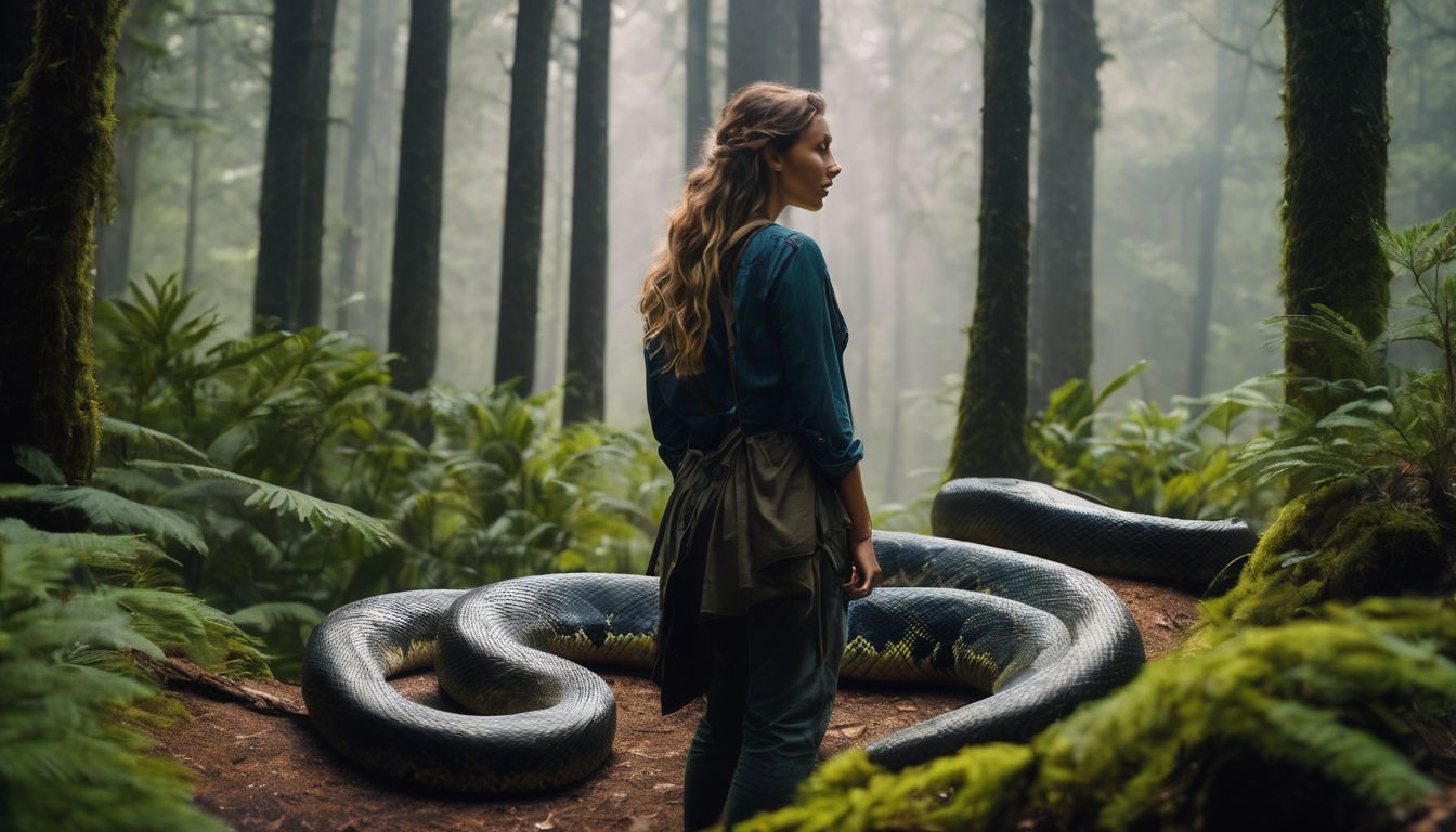A person standing over a slain snake in a forest clearing.