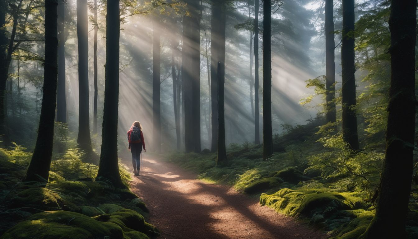 A person walking through a misty forest in different outfits and hairstyles.