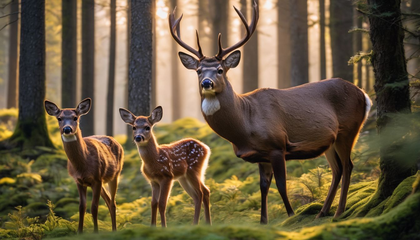 A peaceful forest scene with a family of deer.