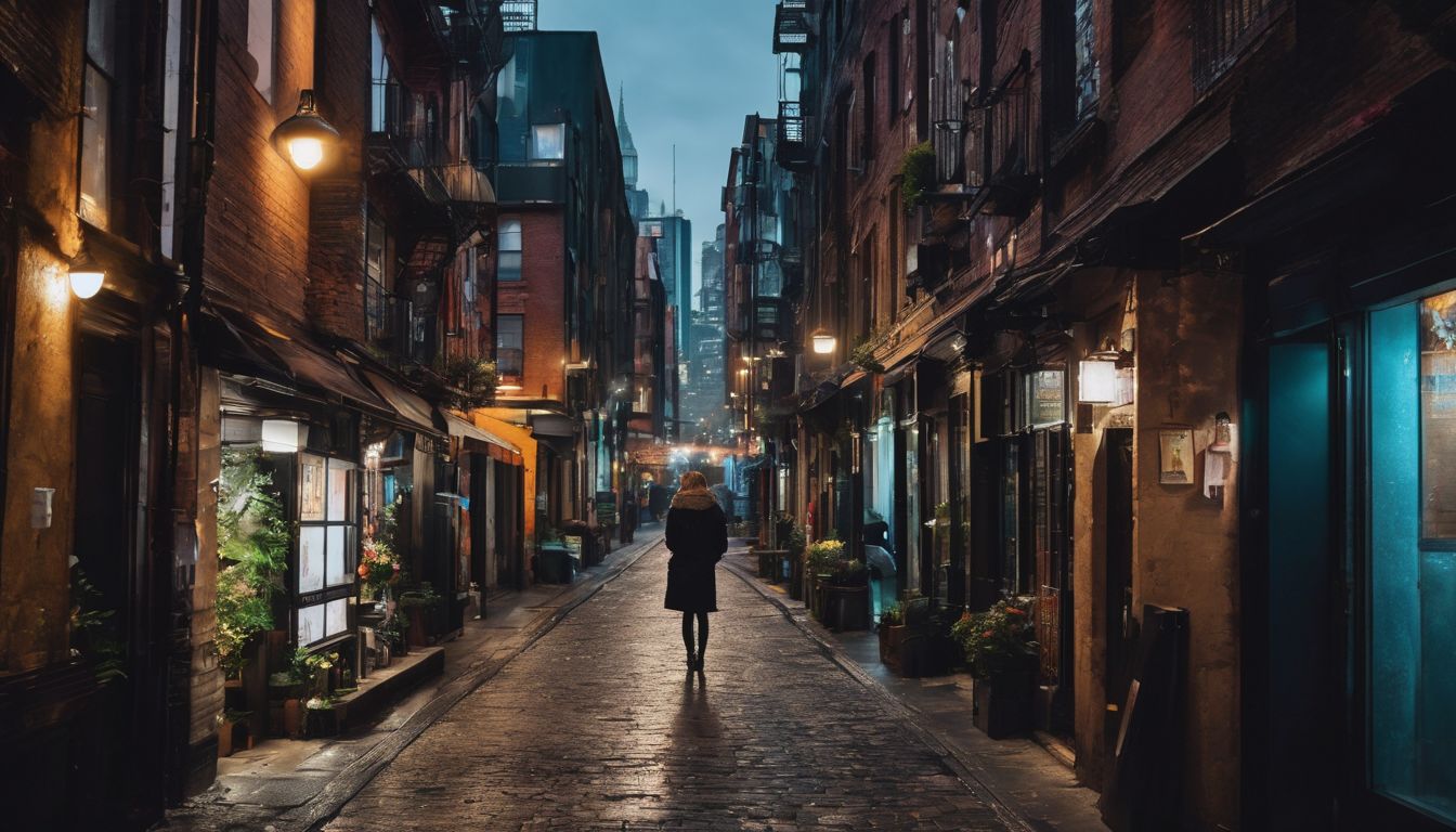 A person standing alone in a dark city alley, looking over shoulder.