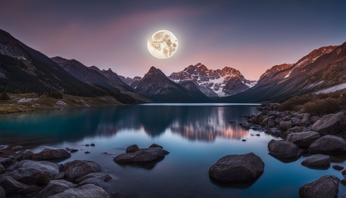 une pleine lune se lève sur un paysage de montagne pittoresque.
