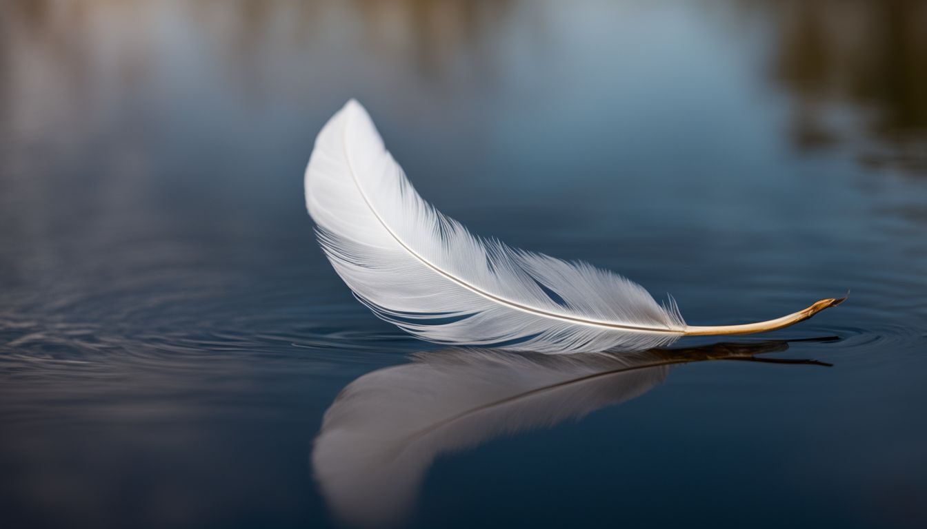 A single white feather resting on a still lake with cinematic quality.