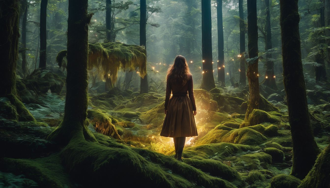 A person standing amidst floating puzzle pieces in a mystical forest.