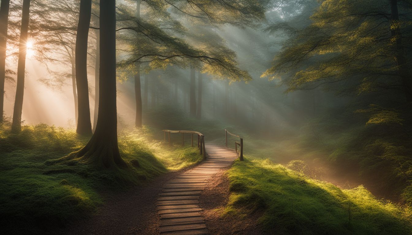 A peaceful forest with a winding path, surrounded by mist.