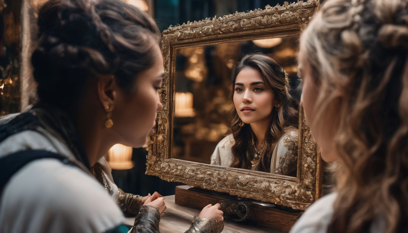A person surrounded by various reflections of themselves in a mirror.