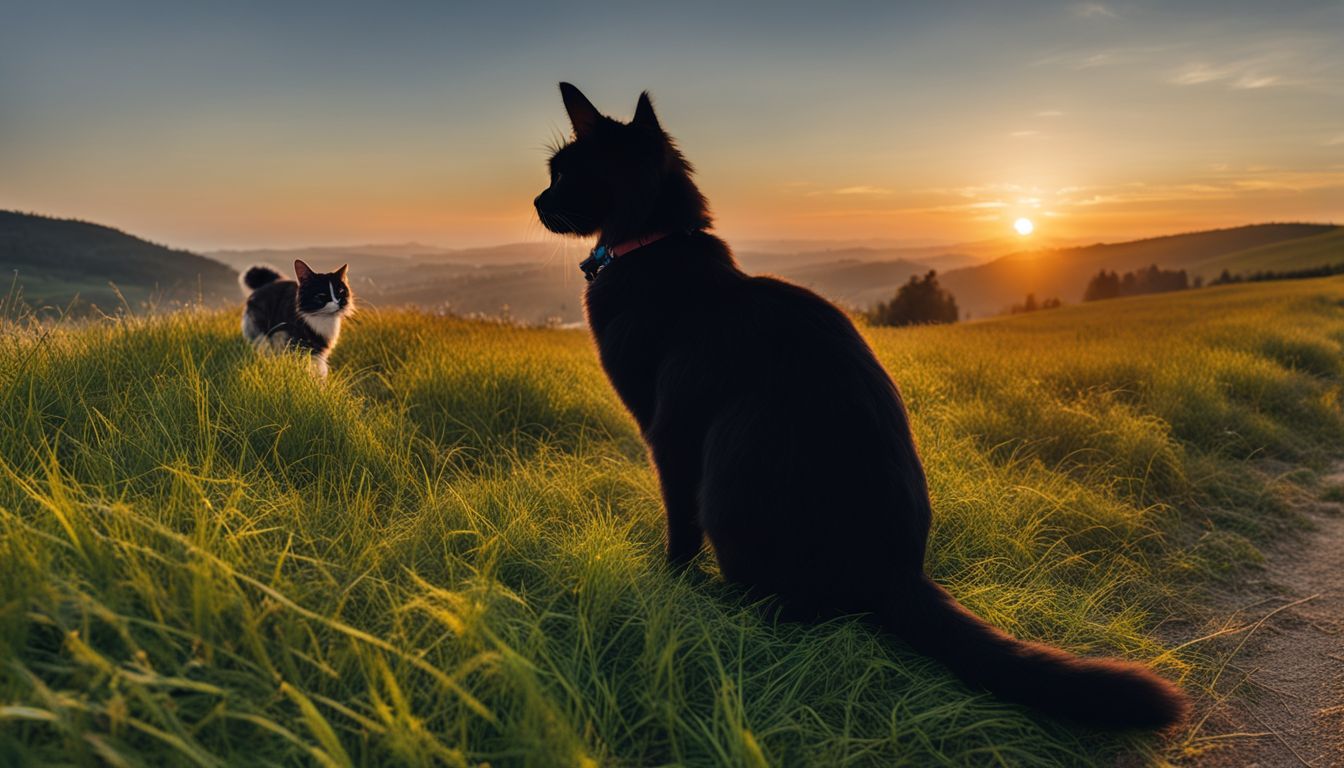 A stunning sunset over a meadow with a cat and dog.
