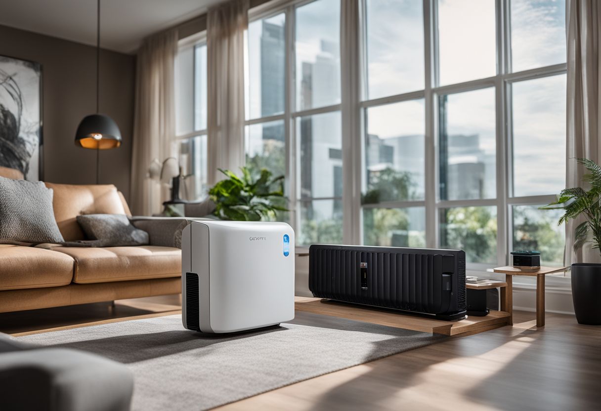 A smart air conditioning unit surrounded by modern home automation devices.