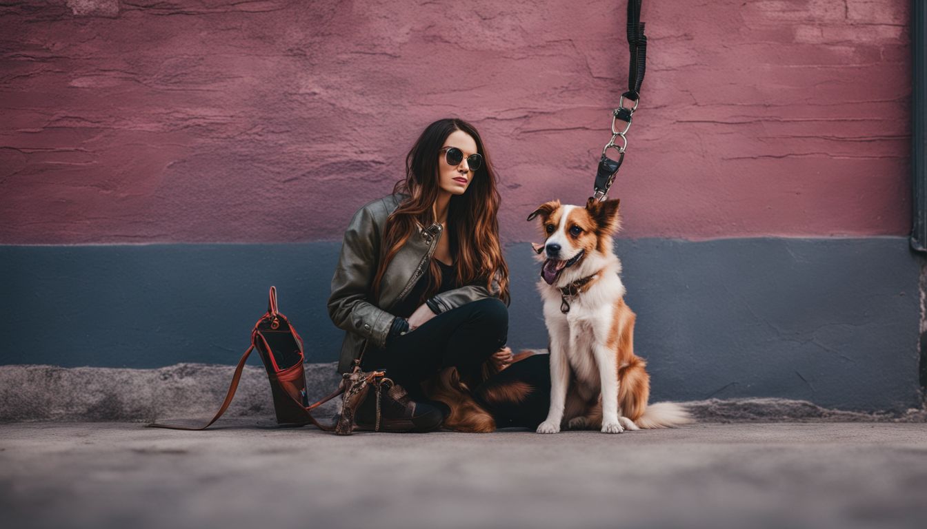 A woman sitting in an alley holding a deceased dog on a leash.