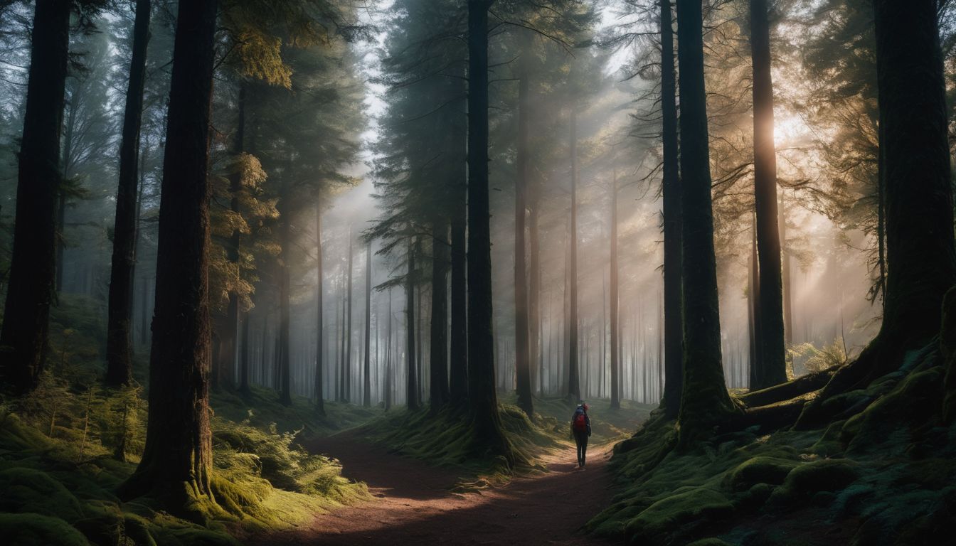 A person stands alone in a mysterious forest surrounded by looming trees.