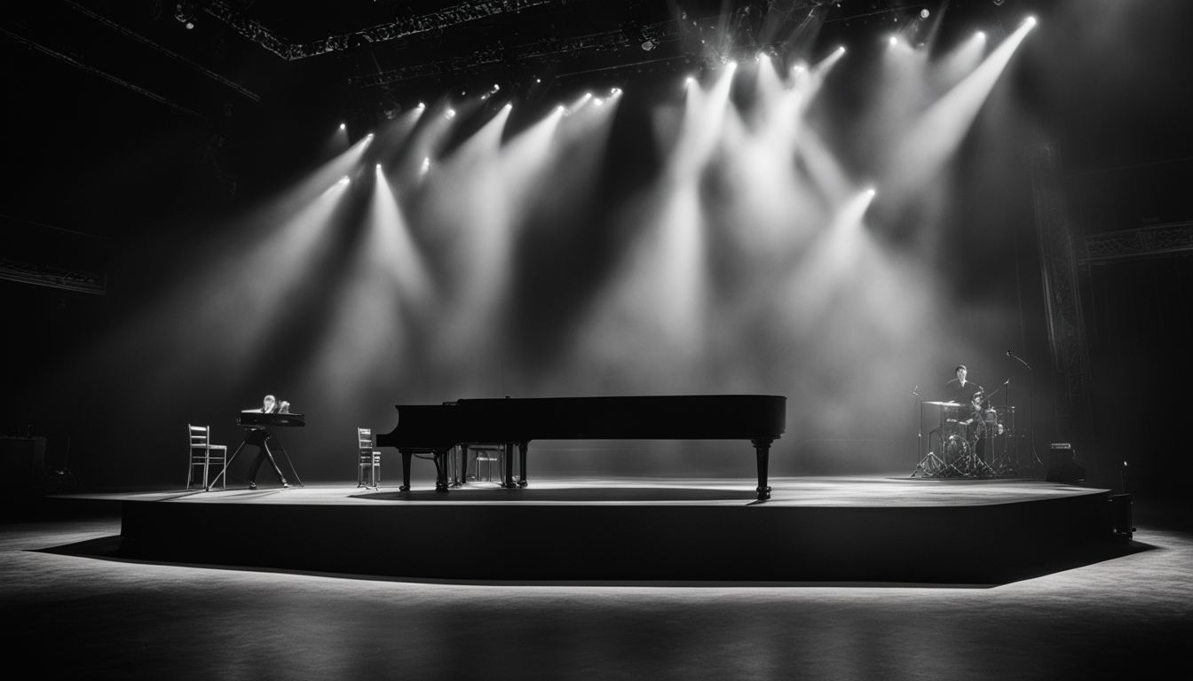 An empty stage with a spotlight surrounded by darkness and different characters.