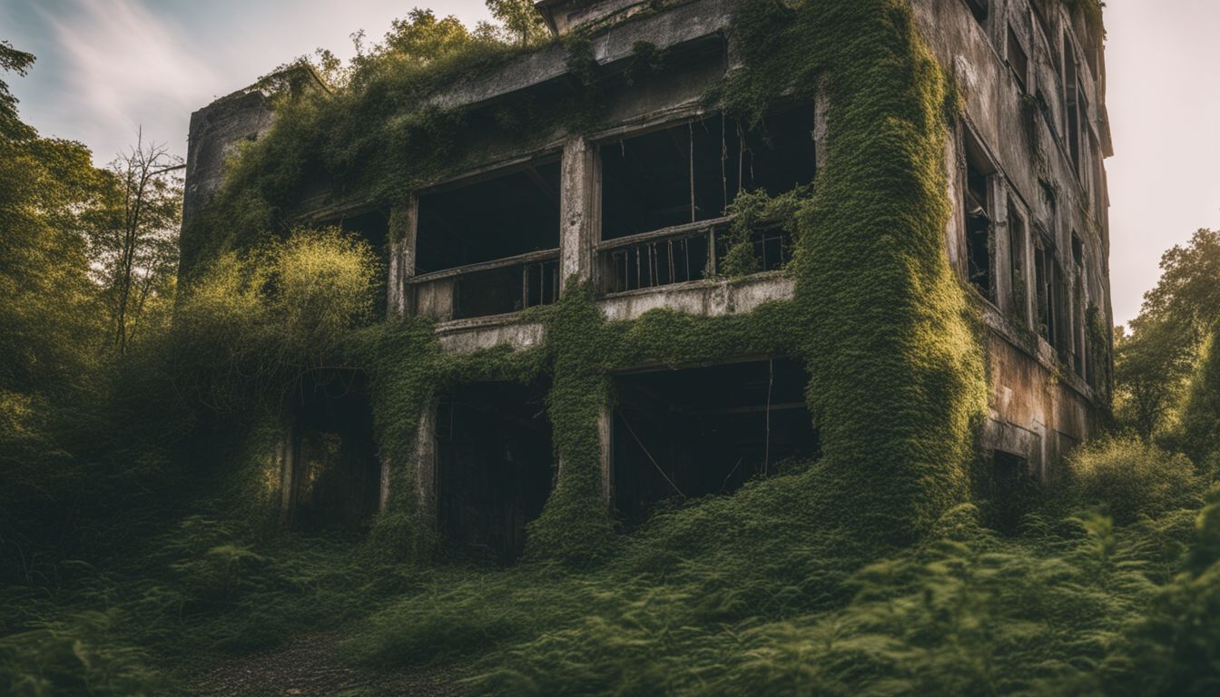 An abandoned building surrounded by overgrown vegetation in a bustling atmosphere.