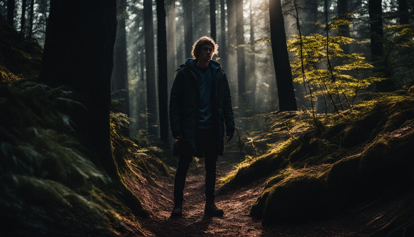 A person stands alone in a dark forest with shadowy figures.