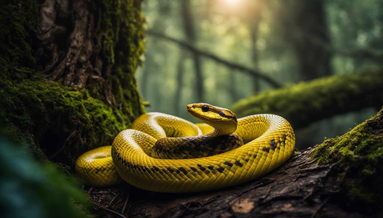 A yellow snake coiled around a tree in a mystical forest.