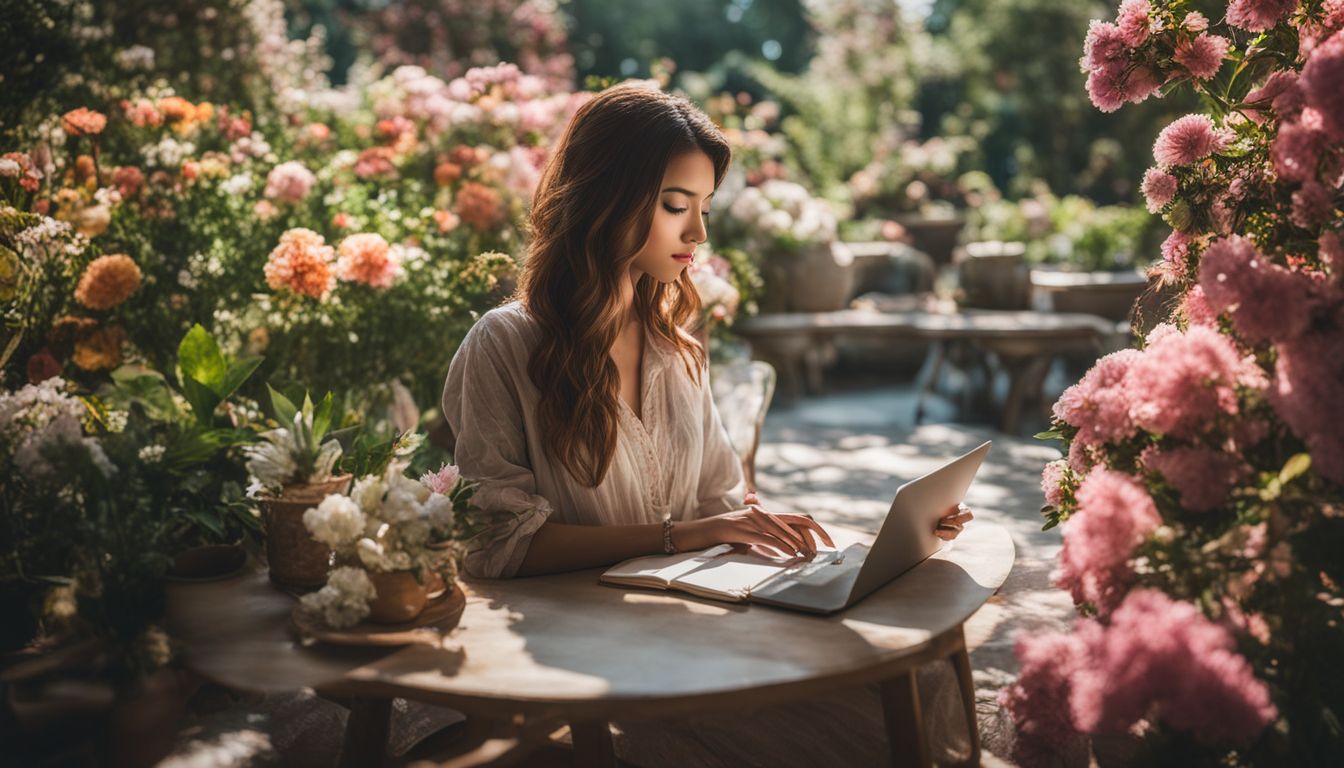 a woman sitting in a garden while using her laptop 