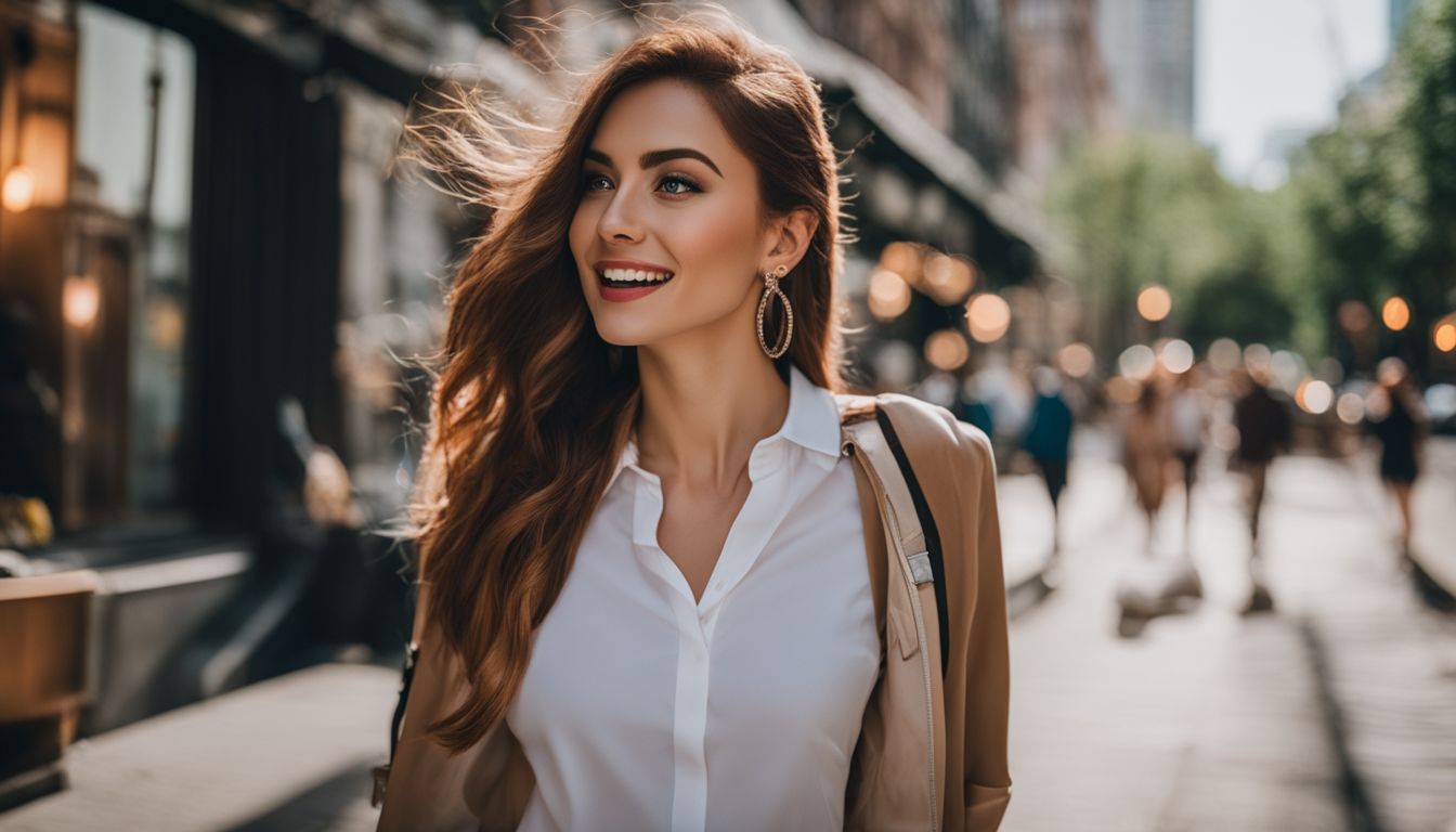 a beautiful woman walking on a busy street