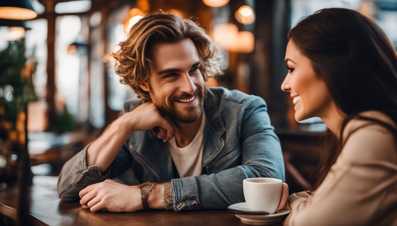 a man staring happily at a woman while she tells a story