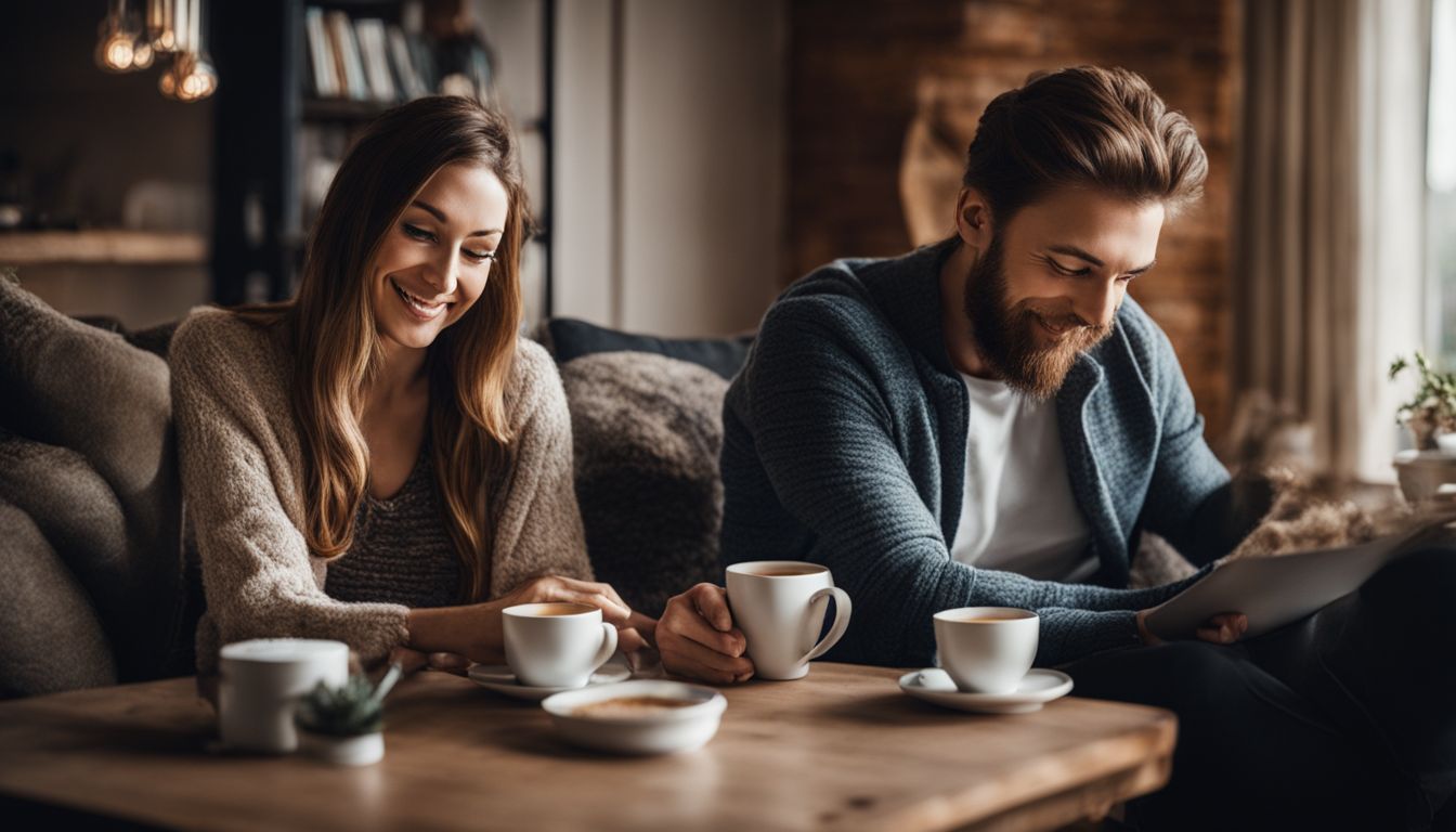 a woman and a man sitting on the couch of their living room while having coffee