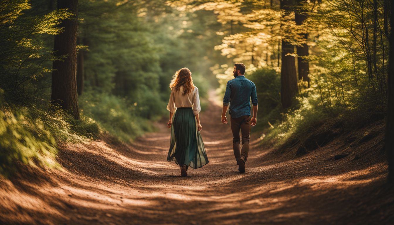 a man and a woman walking in a serene forest