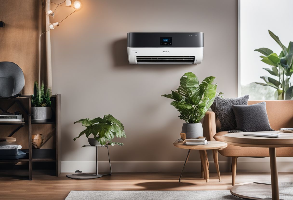 A smart air conditioner with Wi-Fi connectivity surrounded by modern gadgets.