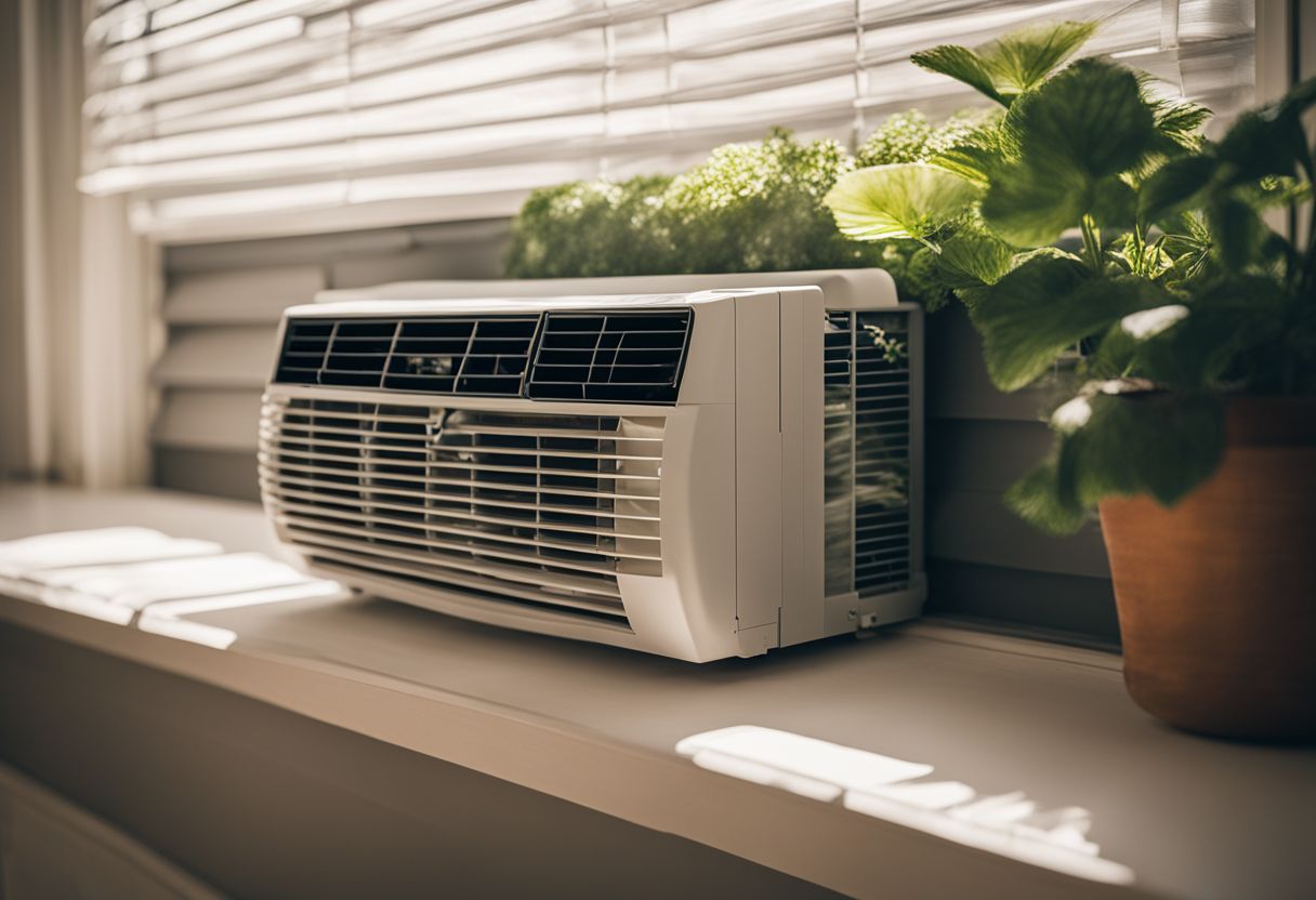 A window AC unit with a high-efficiency air filter in a well-ventilated indoor environment.