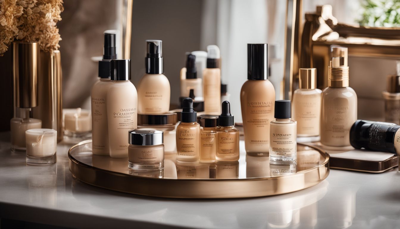 An assortment of foundation bottles on a vanity table.