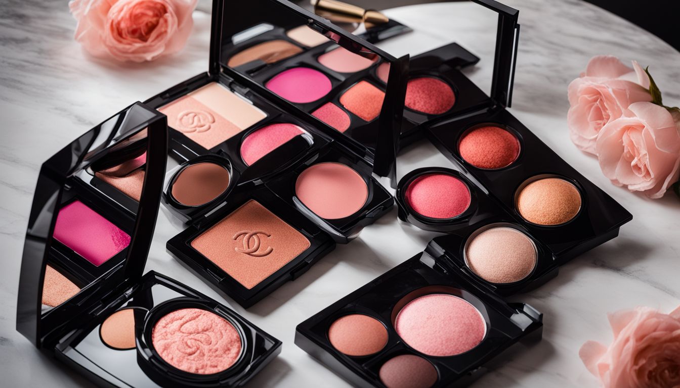 A palette of Chanel blushes on a marble vanity in a busy setting.