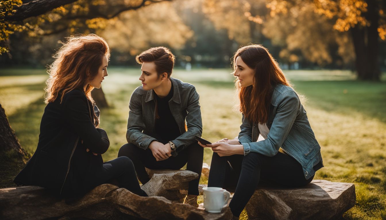 three friends sitting together in the park