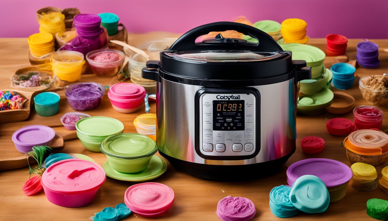 A 4-quart Crockpot surrounded by colorful Play-Doh creations and nature photography.