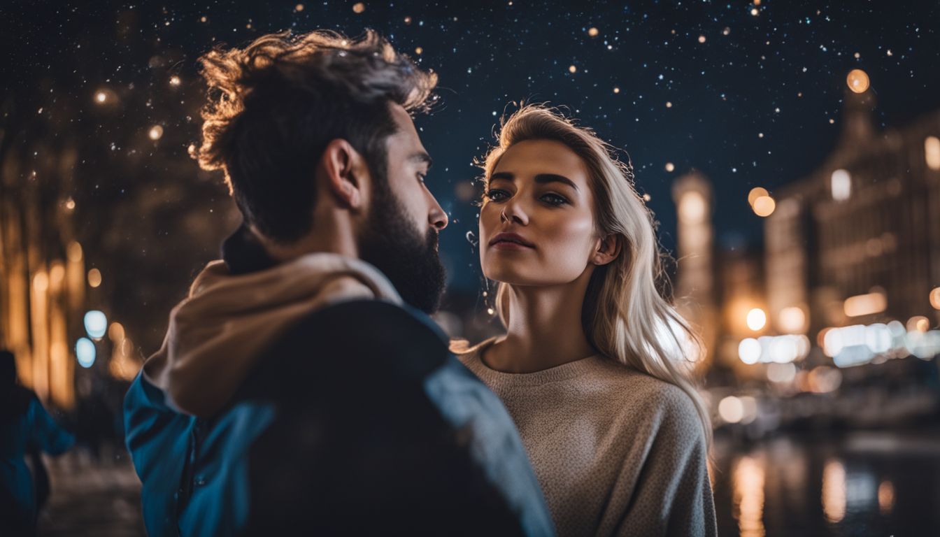 a man and a woman standing in a busy city at night