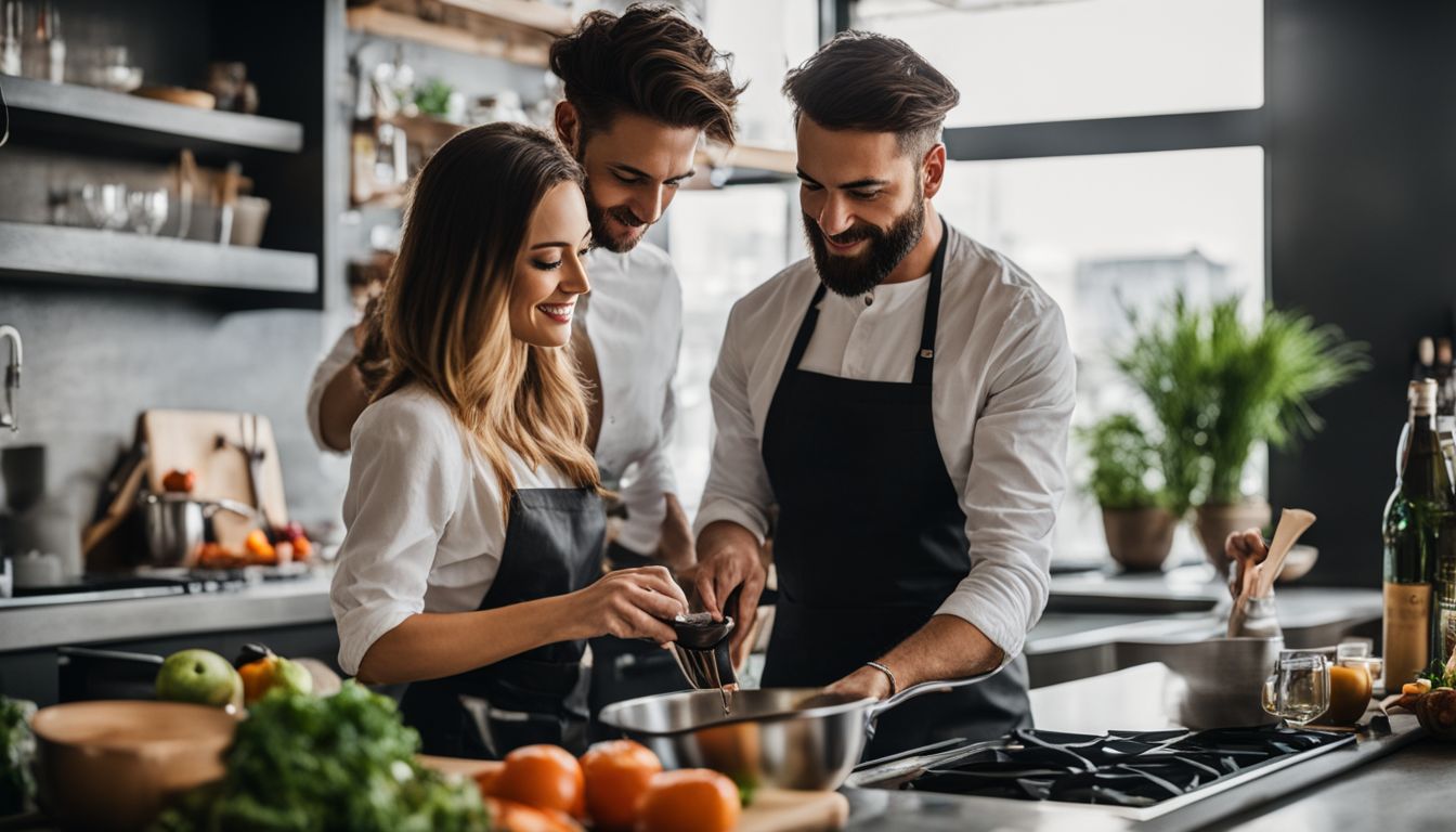 two men and one woman cooking together in a kitchen
