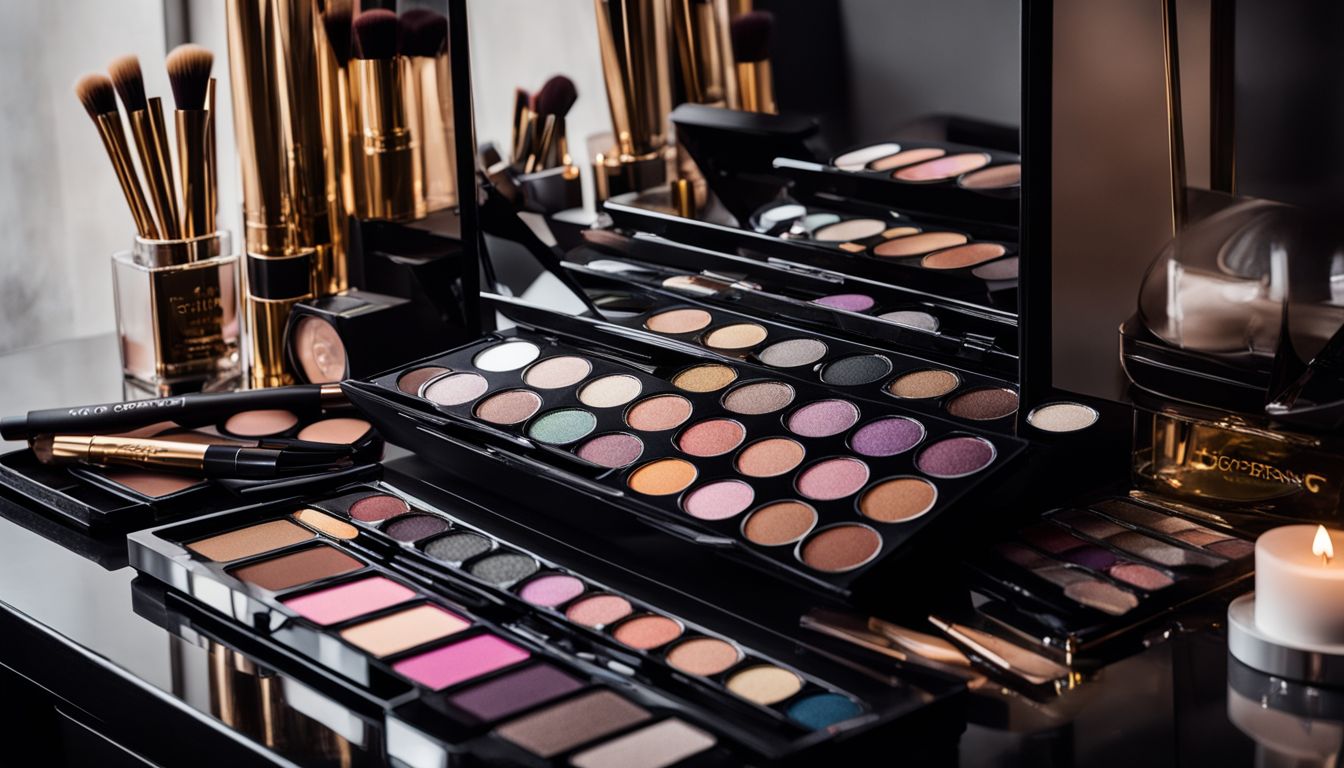 An array of eyeshadow palettes displayed on a stylish vanity table.
