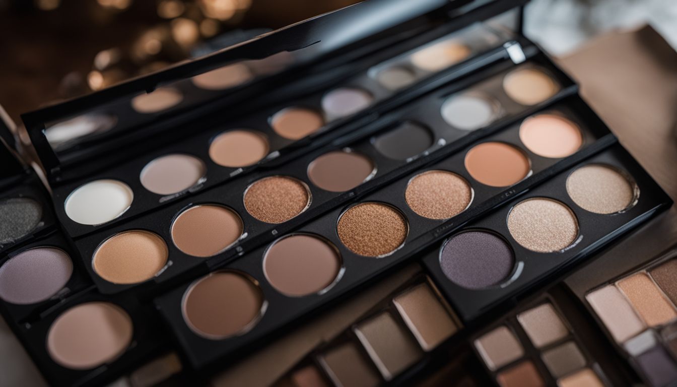 A collection of neutral eyeshadow palettes with natural elements.