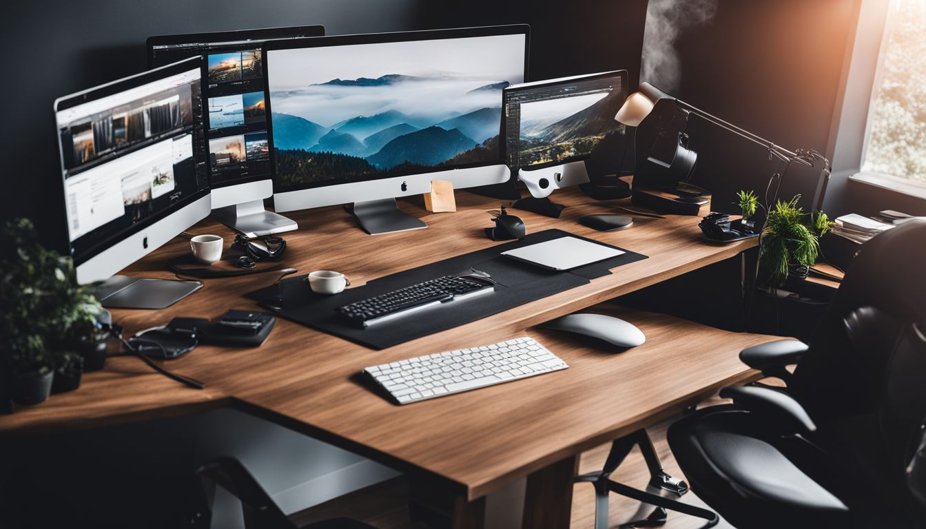 A modern office desk with tech gadgets and diverse people.