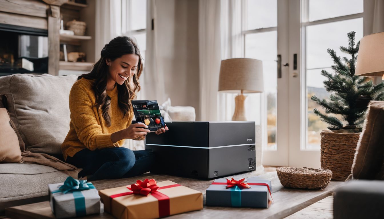 A person unboxes a tech gift in a cozy living room.
