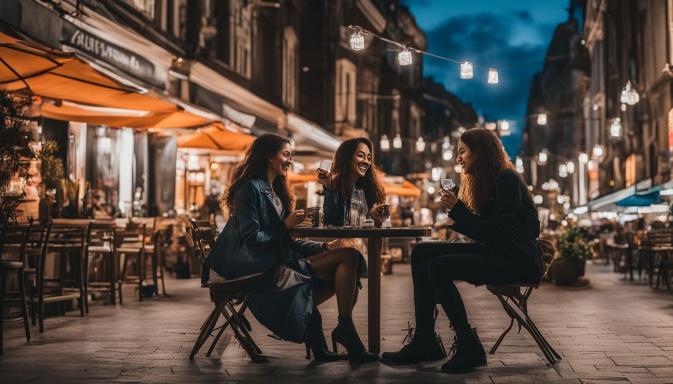 three women in an outdoor restaurant enjoying night life with wine 