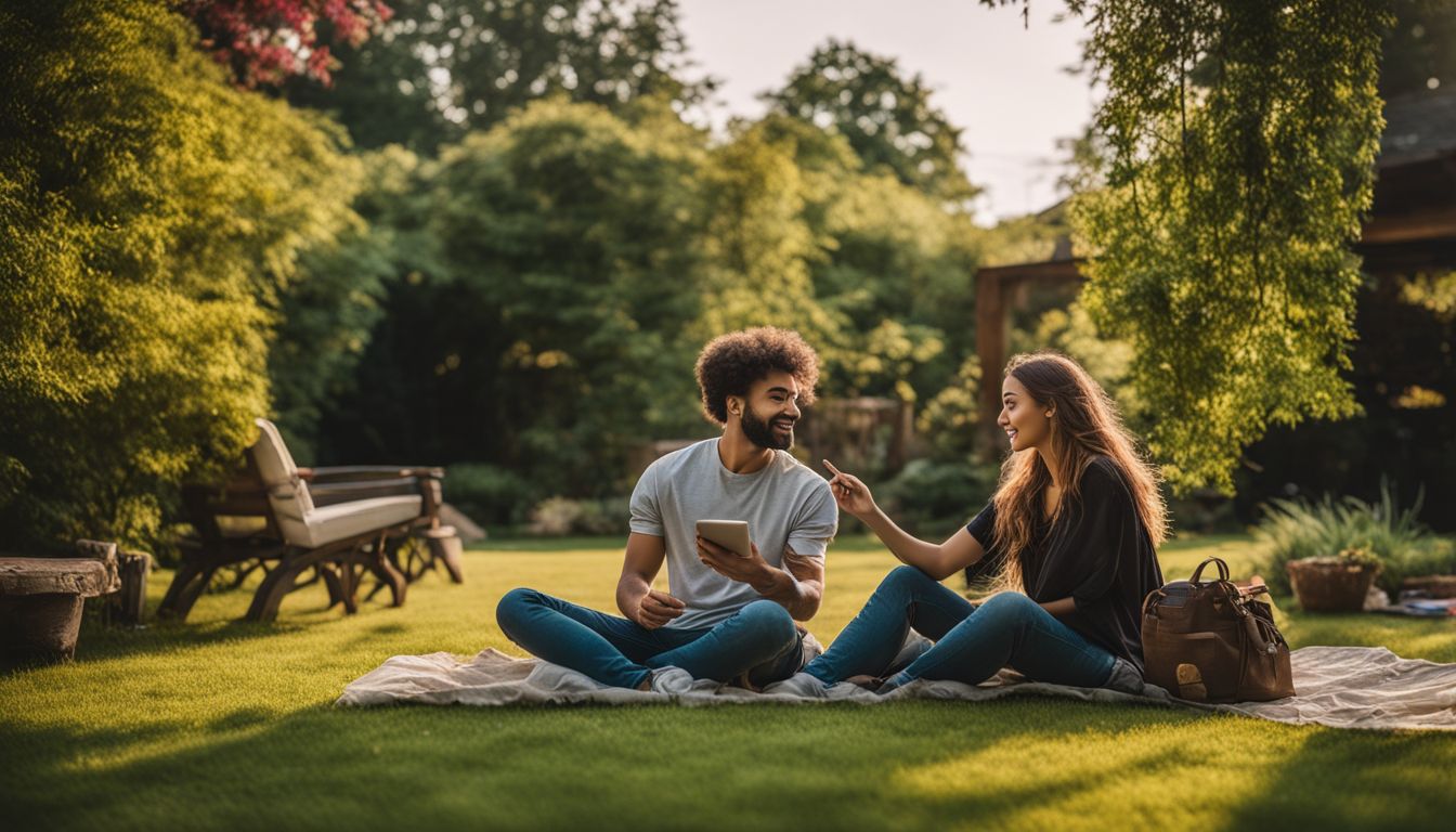 two people sitting on a picnic mat